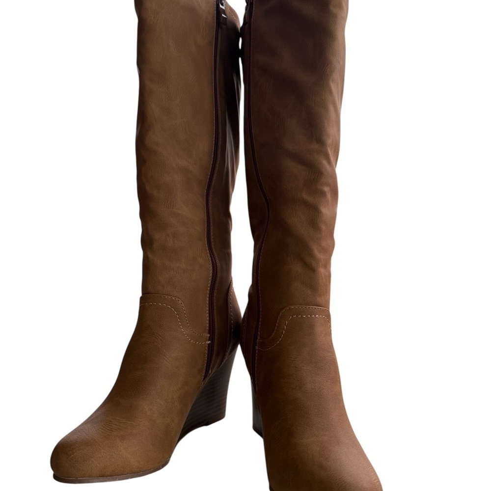 Women’s Size 6 Cognac Brown Faux Leather Knee High Wedge Boots Fur Lined